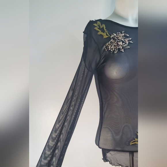 Amazing - top - mesh/see-through -black mesh-whute, gold, green embroidered - Picture 4 of 4
